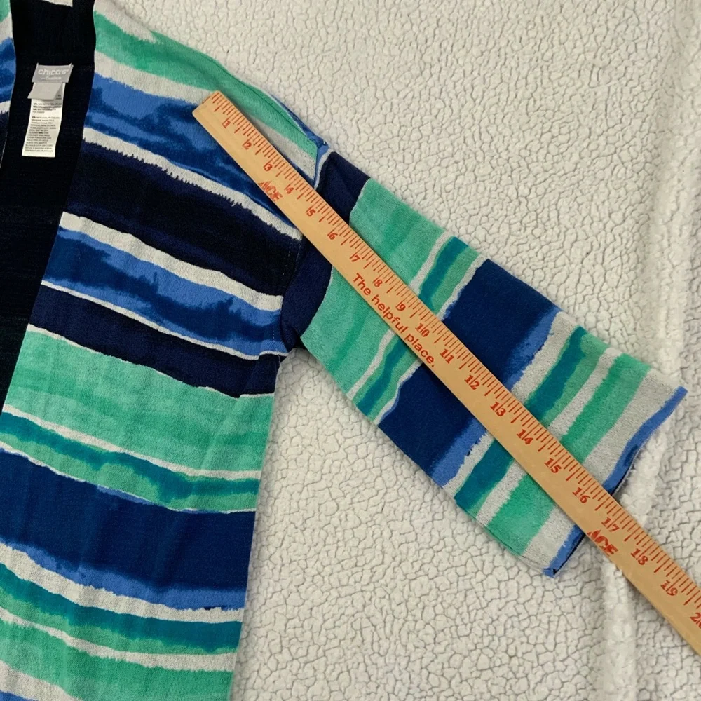 Chico's Striped Open-Front Cardigan in Blue, Teal, Navy